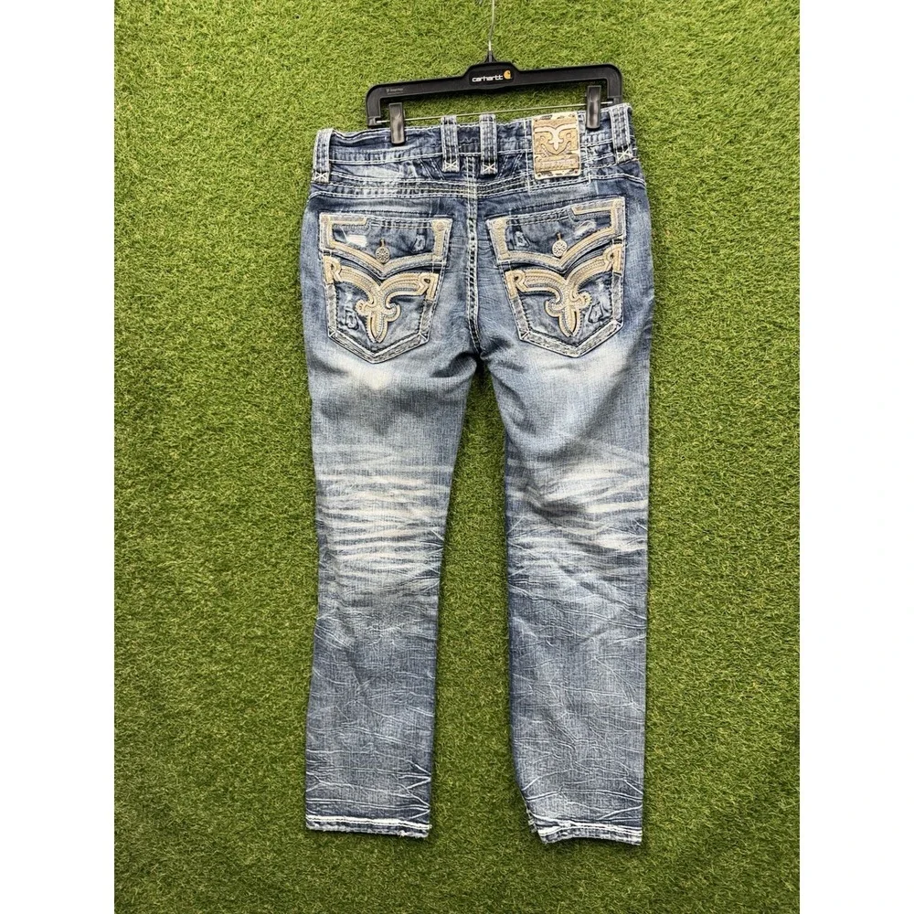 Rock Revival Jeans Mens 33 Distressed Light Wash Denim Keenan Straight Leg Y2K